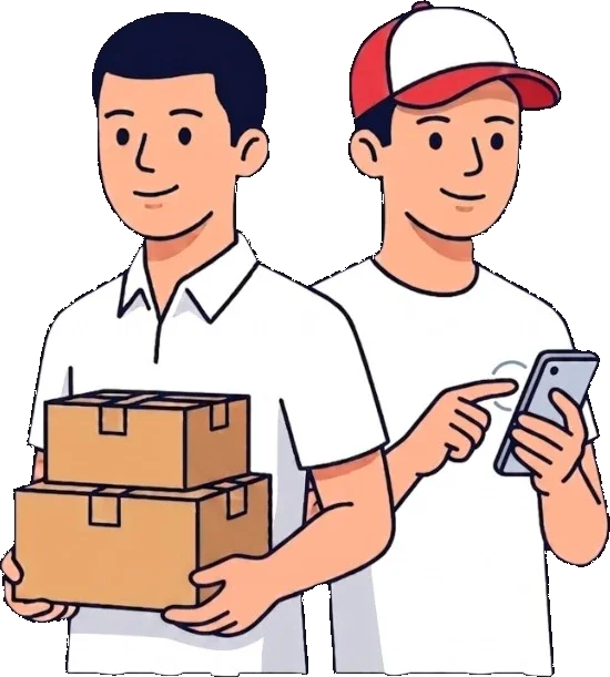 Ilustración de un proveedor con cajas y un transportista usando la app TrukGo